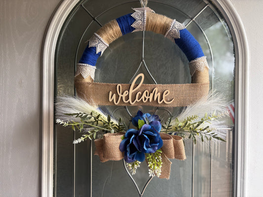 Blue and Tan Burlap Welcome 14” Wreath