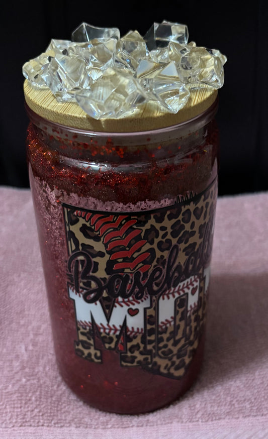 Red Baseball Mom 16oz snow globe tumbler