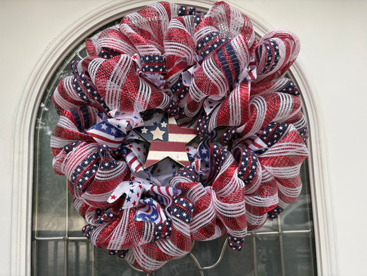 Patriotic Star 12” Mesh and Ribbon Wreath